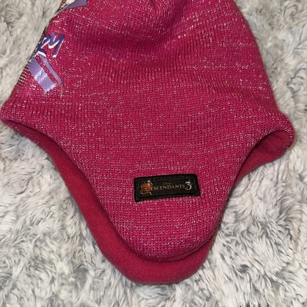 Disney Descendants 3 Girls Beanie Hat Pink Metallic Knit Pom Pom Ear Flaps NEW